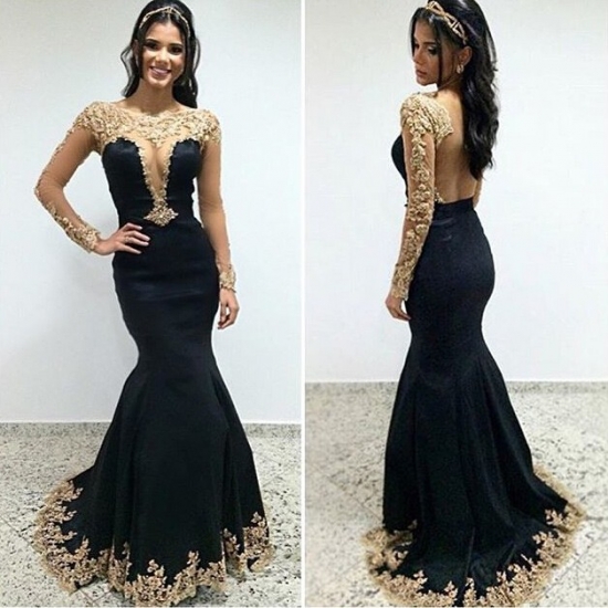 Charming Mermaid Prom Party Dress - Black Scoop Long Sleeves with Appliques - Click Image to Close