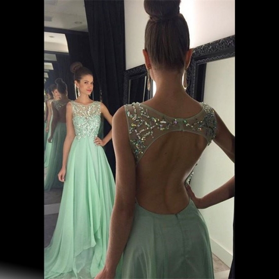 Modern Scoop Beading A-line Long Mint Prom Dress Backless - Click Image to Close