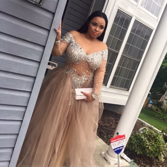 Sexy Champagne Plus Size Off-the-Shoulder Long Sleeves Prom Party Dress with Rhinestone - Click Image to Close