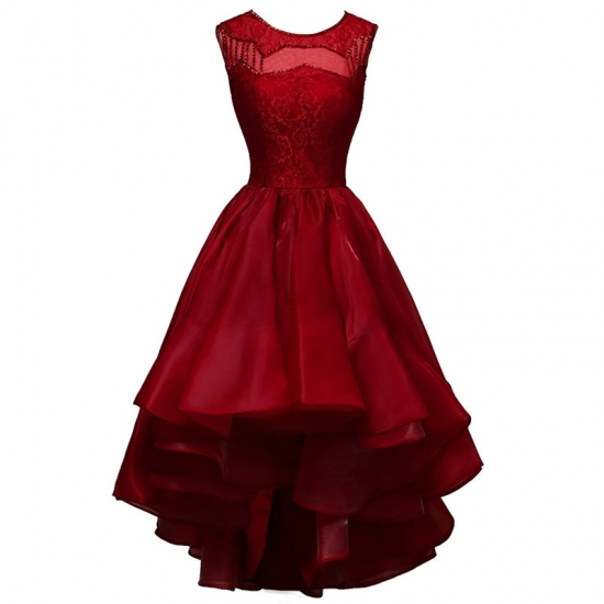 Classic Jewel Sleeveless High-Low Dark Red Homecoming Dresses Beaded with Lace - Click Image to Close