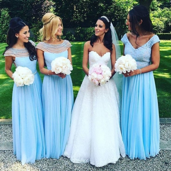 Stylish Bateau Floor-Length Blue Bridesmaid Dress with Pearls - Click Image to Close