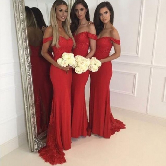 Simple Red Mermaid Long Bridesmaid Dress - Off-the-Shoulder Sleeveless - Click Image to Close