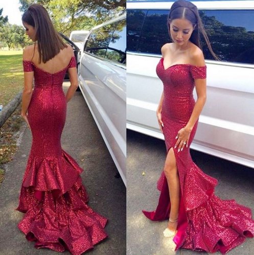 Mermaid Off-the-Shoulder Short Sleeves Sequined Prom Dress with Ruffles Split