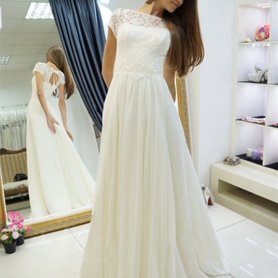 A-Line Bateau Open Back Cap Sleeves Sweep Train Wedding Dress with Lace - Click Image to Close