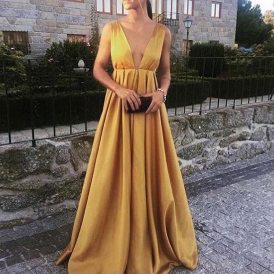 A-line Deep V-Neck Empire Gold Satin Prom Dress with Pleats - Click Image to Close