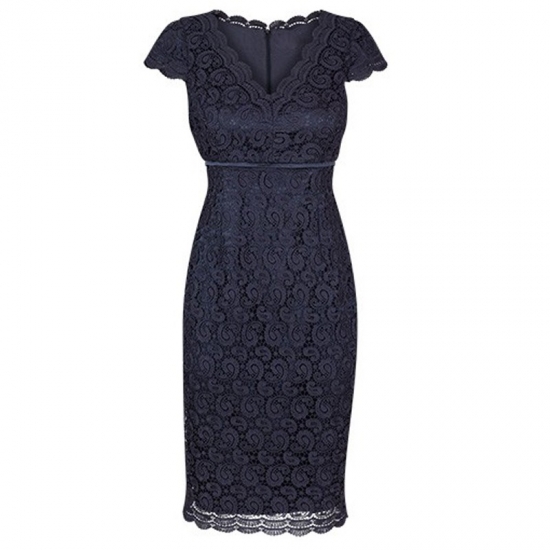 Bodycon V-Neck Cap Sleeves Navy Blue Lace Mother of The Bride Dress - Click Image to Close