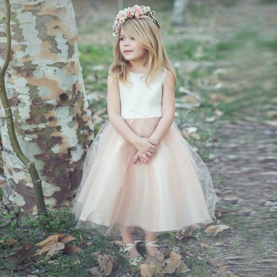 A-Line Bateau Tea-Length Light Pink Tulle Flower Girl Dress - Click Image to Close