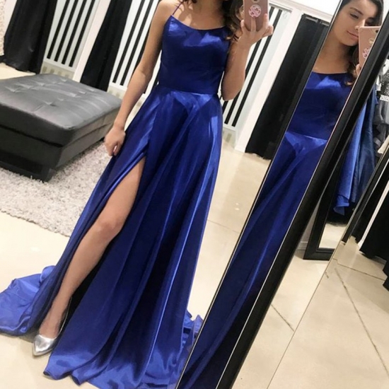 A-Line Spaghetti Straps Sweep Train Royal Blue Prom Dress with Split - Click Image to Close