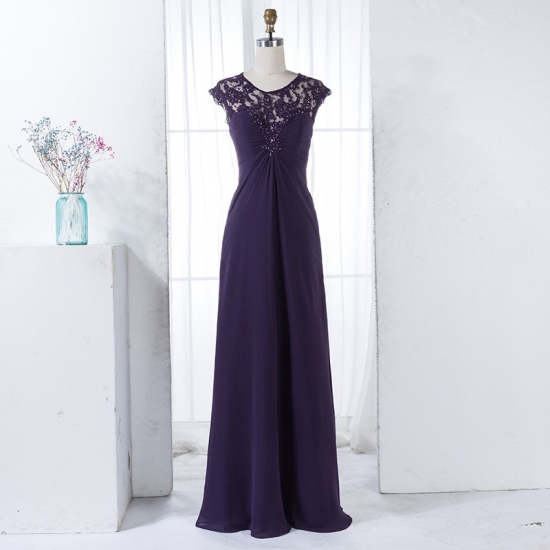 A-Line Round Neck Cap Sleeves Long Grape Bridesmaid Dress with Lace - Click Image to Close