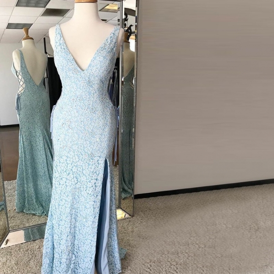 Mermaid V-Neck Backless Sweep Train Blue Lace Prom Dress with Sequins - Click Image to Close