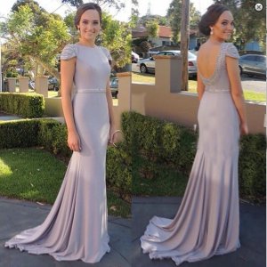 Elegant Mermaid Cowl Sweep Train Cap Sleeves Chiffon Grey Prom Dress With Beading