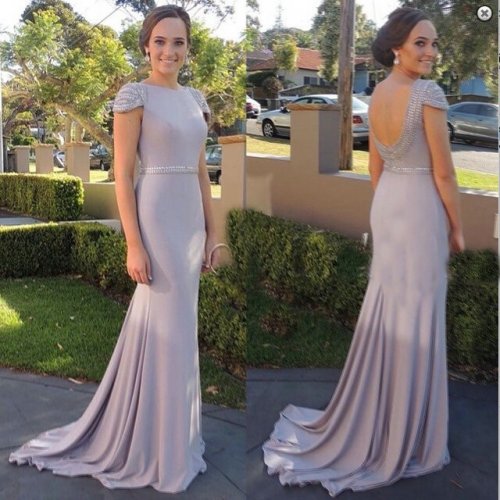 Elegant Mermaid Cowl Sweep Train Cap Sleeves Chiffon Grey Prom Dress With Beading