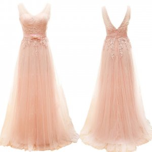 Long Tulle Appliques Prom Dress -- Pink A-Line V-Neck with Bowknot