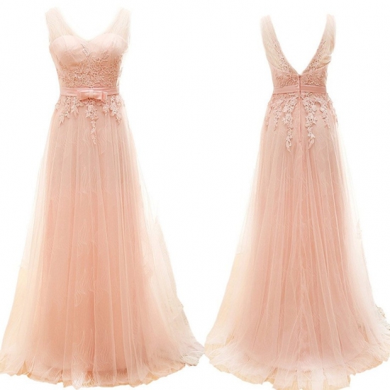 Long Tulle Appliques Prom Dress -- Pink A-Line V-Neck with Bowknot - Click Image to Close