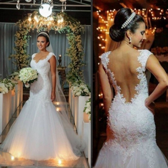 Dramatic Wedding Gown -White Mermaid V-Neck Dress with Appliques - Click Image to Close