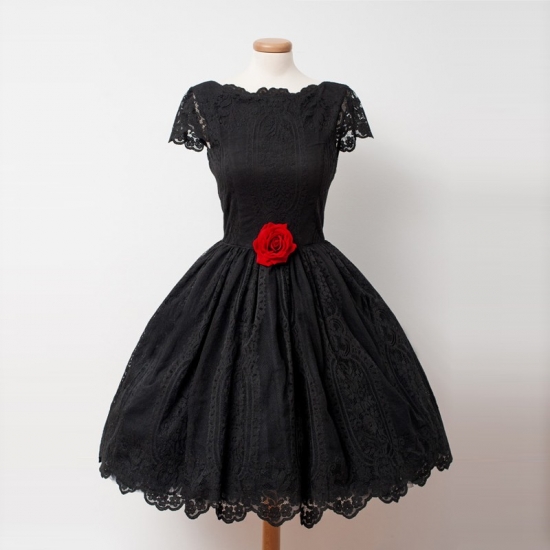 Vintage Bateau Short Sleeves Lace Black Homecoming Dresses with Handmade Flower - Click Image to Close