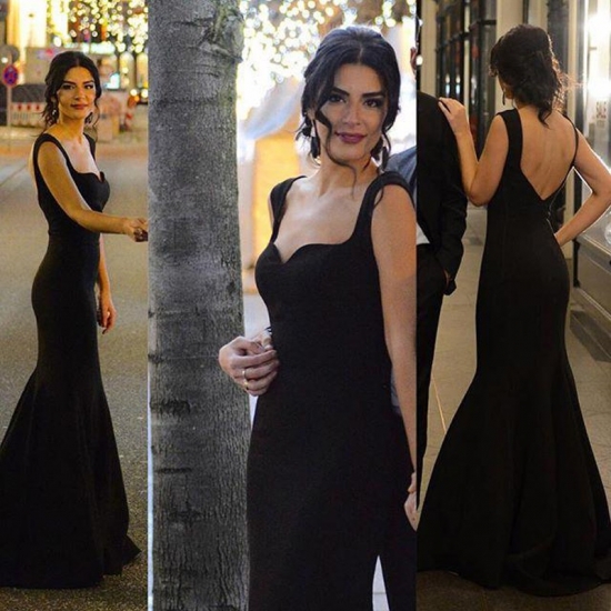 Vintage Straps Sweep Train Open Back Black Mermaid Prom/Evening Dresses - Click Image to Close