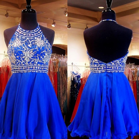 Hot Sale Halter Open Back Royal Blue Short Homecoming Dress with Beading - Click Image to Close