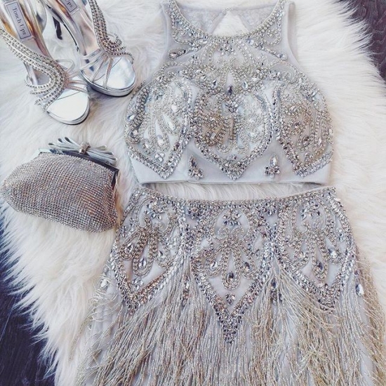 Homecoming Dress-2 Piece Silver Beading Short with Tassel - Click Image to Close