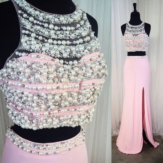 Modern Pearl Pink Prom Dress - 2 Piece Floor-Length with Beading Pearls - Click Image to Close