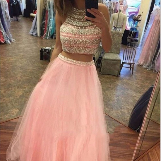 Chic Two Piece Pink Prom Dress - Jewel Floor-Length Sleeveless with Beading Pearl - Click Image to Close