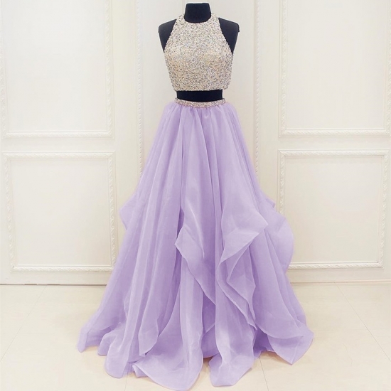 Two Piece Long Open Back Lavender / Mint Prom Dress with Beading - Click Image to Close