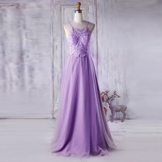 A-Line Spaghetti Straps Backless Lavender Chiffon Prom Dress with Appliques - Click Image to Close