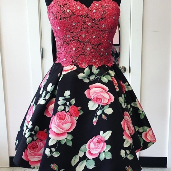 A-Line Sweetheart Short Black Floral Satin Homecoming Dress with Beading Lace - Click Image to Close