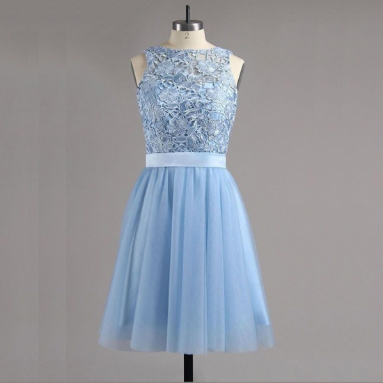 A-Line Bateau Backless Blue Tulle Homecoming Dress with Lace Bowknot - Click Image to Close