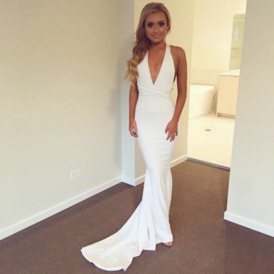 Mermaid V-Neck Criss-Cross Straps Sweep Train White Prom Dress - Click Image to Close