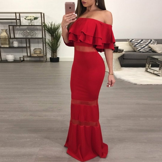 Mermaid Off-the-Shoulder Floor-Length Red Prom Dress with Ruffles - Click Image to Close