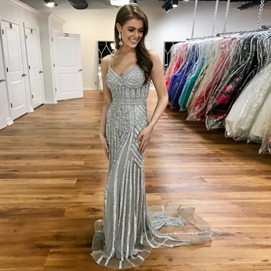 Mermaid Sweetheart Sweep Train Grey Prom Dress with Sequins - Click Image to Close