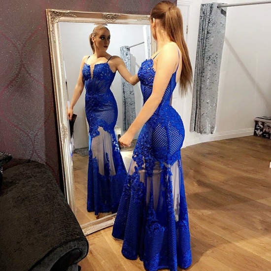 Mermaid Spaghetti Straps Floor-Length Royal Blue Prom Dress with Appliques - Click Image to Close