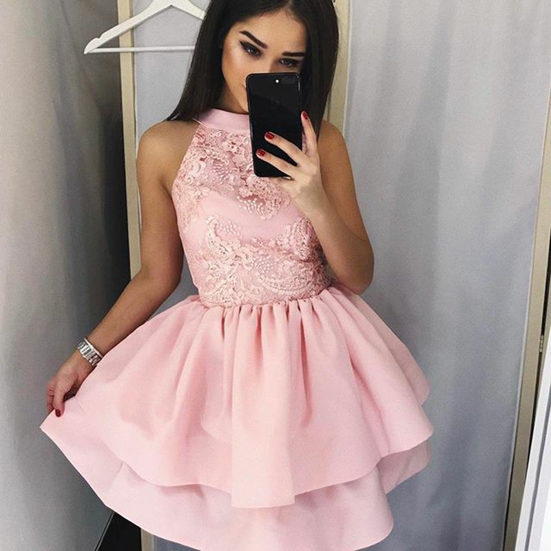 A-Line Round Neck Short Tiered Pink Satin Homecoming Dress with Lace ...