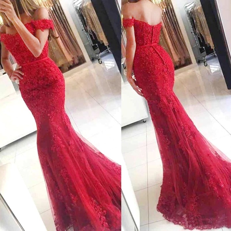 red mermaid style prom dress