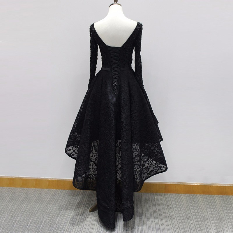 High Low Bateau Long Sleeves Black Lace Prom Dress with Beading Bowknot ...
