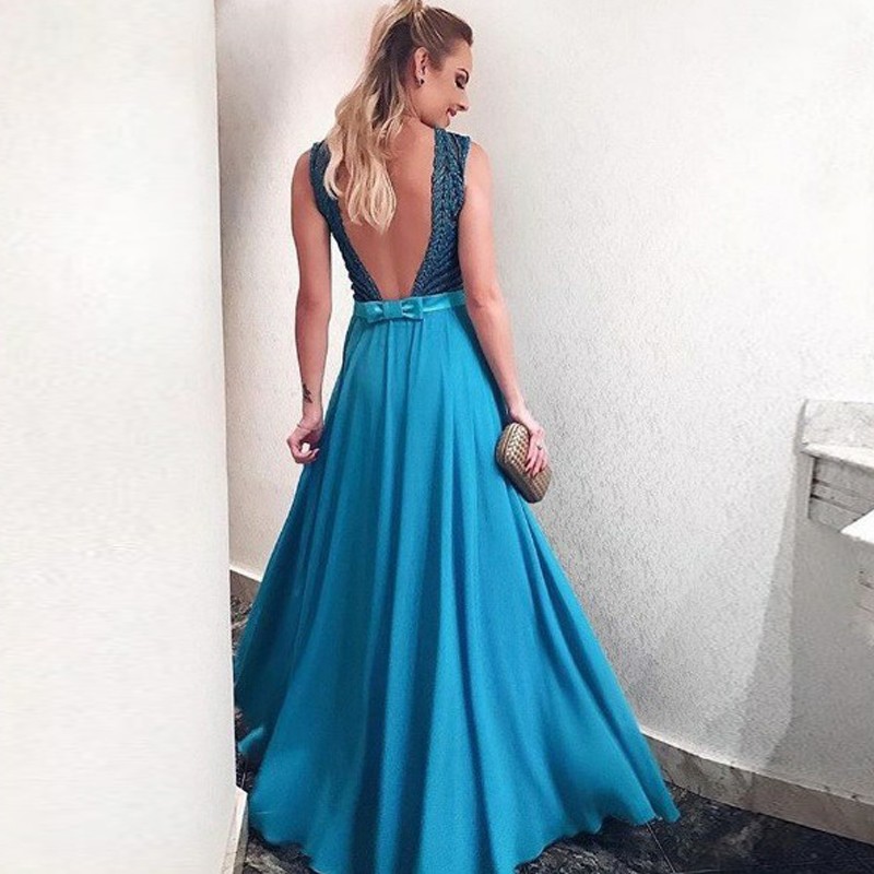 A-Line Scoop Backless Floor-Length Blue Prom Dress with Lace Bowknot ...