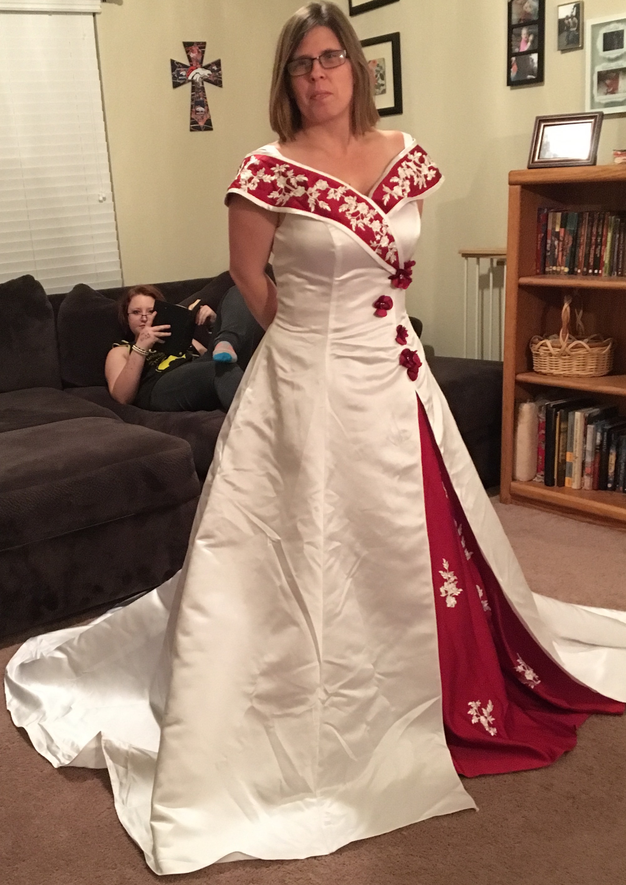 Elegant Wedding Dress -Burgundy and White A-Line Off-the-Shoulder with