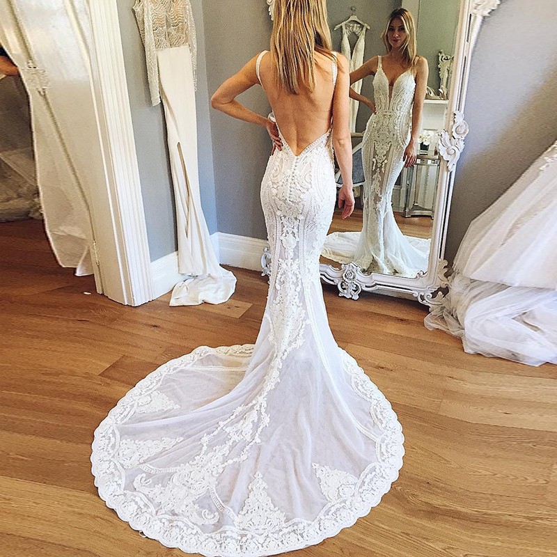 Mermaid Deep V neck Backless Court Train Wedding Dress With Lace Appliques dress3244 Wedding Dresses