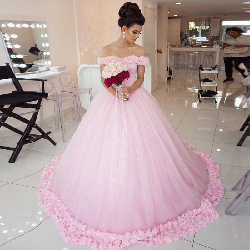 Ball Gown Off-the-Shoulder Court Train Pink Tulle Wedding Dress with ...