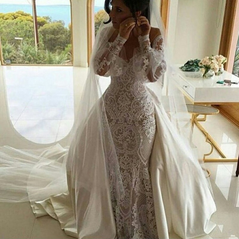 Mermaid Off the Shoulder Long Sleeves Lace Wedding Dress With Detachable Train dress4074 Wedding